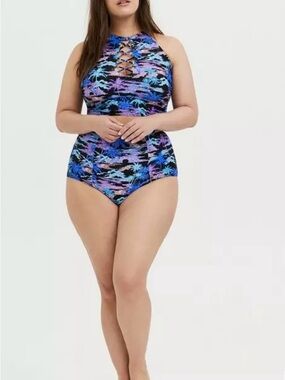 torrid Black High-Waist Bikini Bottoms with Blue & Purple Palm Print SET sz1/0